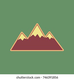 Mountain sign illustration. Vector. Cordovan icon and mellow apricot halo with light khaki filled space at russian green background.