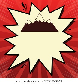 Mountain sign illustration. Vector. Dark red icon in lemon chiffon shutter bubble at red popart background with rays.