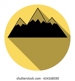 Mountain sign illustration. Vector. Flat black icon with flat shadow on royal yellow circle with white background. Isolated.