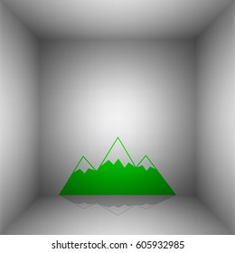 Mountain sign illustration. Vector. Green icon with shadow in the room.