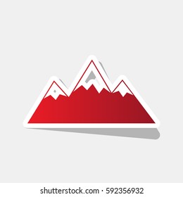 Mountain sign illustration. Vector. New year reddish icon with outside stroke and gray shadow on light gray background.