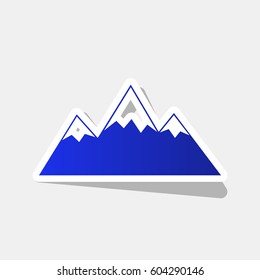 Mountain sign illustration. Vector. New year bluish icon with outside stroke and gray shadow on light gray background.