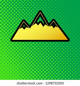 Mountain sign illustration. Vector. Pop art orange to yellow dots-gradient icon with black contour at greenish background.