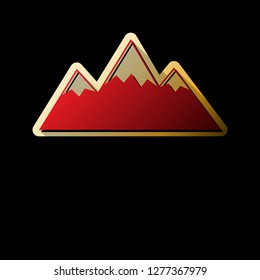 Mountain sign illustration. Vector. Red icon with small black and limitless shadows at golden sticker on black background.