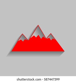 Mountain sign illustration. Vector. Red icon with soft shadow on gray background.