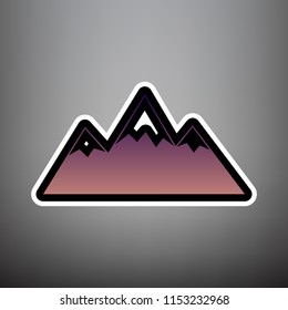 Mountain sign illustration. Vector. Violet gradient icon with black and white linear edges at gray background.