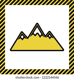 Mountain sign illustration. Vector. Warm yellow icon with black contour in frame named as under construction at white background. Isolated.