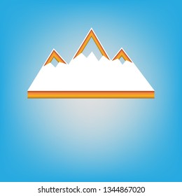 Mountain sign illustration. Vector. White icon with 3d warm-colored gradient body at sky blue background.