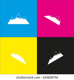 Mountain sign illustration. Vector. White icon with isometric projections on cyan, magenta, yellow and black backgrounds.