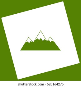 Mountain sign illustration. Vector. White icon obtained as a result of subtraction rotated square and path. Avocado background.