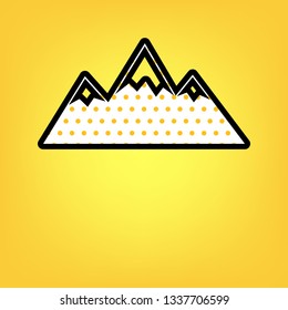 Mountain sign illustration. Vector. Yellow polka dot white icon with black contour at warm yellow background.