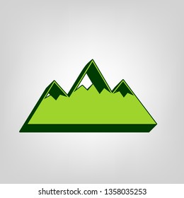 Mountain sign illustration. Vector. Yellow green solid icon with dark green external body at light colored background.