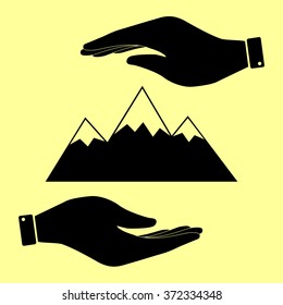 Mountain sign. Save or protect symbol by hands.