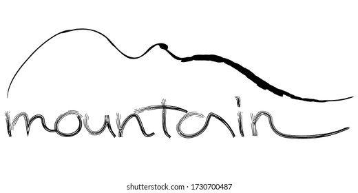 Dibujo de vectores de señales de montaña, silueta minimalista de montañas y letras, puede ser un elemento del diseño del logo o de anuncios para estaciones de esquí, senderismo, escalada de negocios turísticos