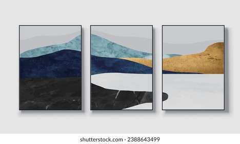 Mountain silhouette. Abstraction of textured marble with gold elements. Murals, posters, interior printed wallpapers, sun, landscape paintings