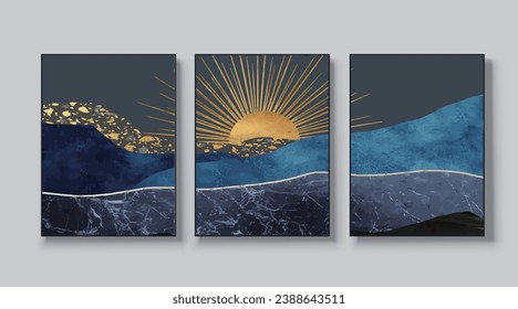 Mountain silhouette. Abstraction of textured marble with gold elements. Murals, posters, interior printed wallpapers, sun, landscape paintings