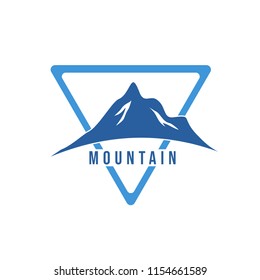 Mountain silhouette in a blue triangle. Symbol of ride and snowboarding, travel labels, tourism objects, ski resort vector icons