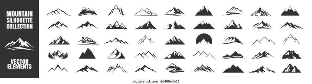 Mountain silhouette collection, vector mountain icon set, black peaks logo template, minimalist landscape symbols, hiking and travel design elements, isolated graphic art on transparent background.