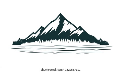 Mountain silhouette and coniferous forest near mountain lake or river