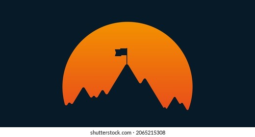 Mountain silhouette with flag over sun illustration