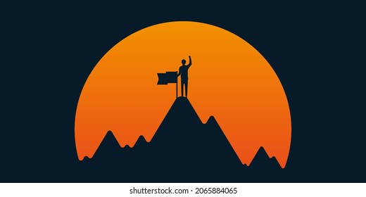 Mountain silhouette with flag over sun illustration