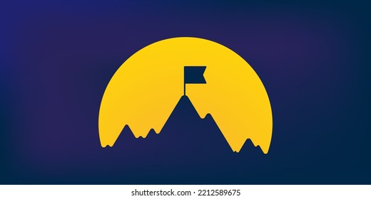 Mountain silhouette with flag over sun illustration