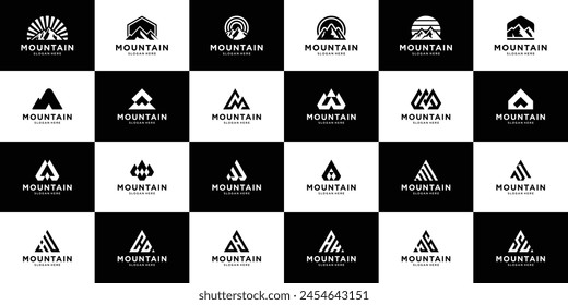 Mountain silhouette icon set logo design. Collection of simple abstract mount, peak, summit logo vector.