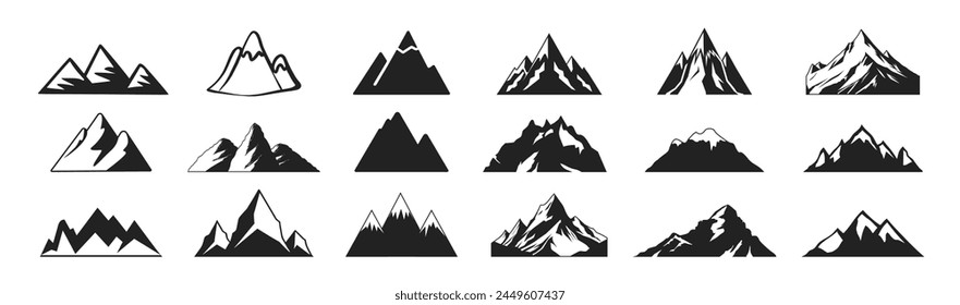 Mountain silhouette icon vector set for logo. Hike, travel illustration sign collection. Camping symbol.