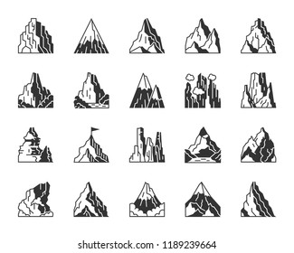 Mountain silhouette icons set. Monochrome web sign nature landscape kit. High Peak pictogram ski hike, geology, mount valley. Simple mountain black symbol isolated on white Vector Icon shape for stamp