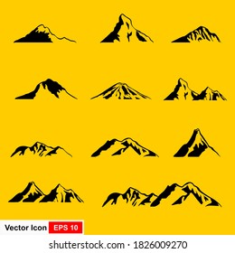 Mountain silhouette icons set. Monochrome web sign nature landscape kit. High Peak pictogram ski hike, geology, mount valley.