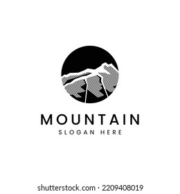 Mountain Silhouette Logo Icon in circle,  Mountains vector of outdoor design elements, Mountain scenery, trees, pine vector.
