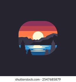 Silhueta de montanha logotipo pôr do sol lago água pinho floresta paisagem vetor