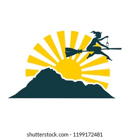 Mountain silhouette. Minimal abstract emblem template. Outdoor icon of the mountain tops. Flying witch silhouette.
