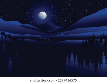 Mountain silhouette at night with dark blue background stars and moon flat vector illustration