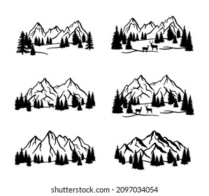 Mountain silhouette with pine tree and deer. Set of rocky mountains in forest. Nature scene vector illustration on white background. Collection of monochrome rocks