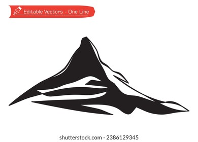 
Mountain silhouette premium icon. Silhouette of remote Matterhorn mountain in Switzerland. Vector illustration one line drawing of Matterhorn mountain above an Alpine stream. Alps, Pennine Alps.