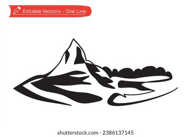 
Mountain silhouette premium icon. Silhouette of remote Matterhorn mountain in Switzerland. Vector illustration of Matterhorn mountain above an Alpine stream. Alps, Pennine Alps.