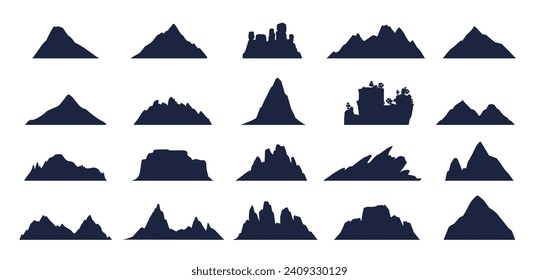 Mountain silhouette set. Abstract hills, cliffs, ridges and rocks for hiking, climbing or tourism emblem vector design. Mountain shapes