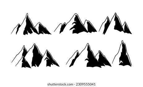 Mountain silhouette set, Collection of vector illustrations featuring silhouettes of mountain ranges, specifically rocky mountains, in the form of icons or logos
