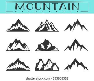 Mountain silhouette set. Design element for logo, icons, badges and labels. Camping, climbing, hiking, travel and outdoor recreation symbol. T-shirt print. Vector illustration.