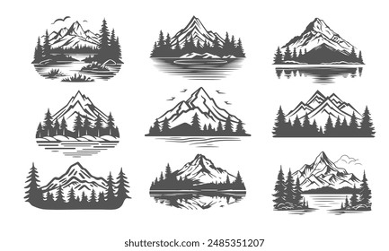 Mountain silhouette set grey rocky mountains isolated on white. Vector illustration bundle of 9 mountain shapes, perfect for logos and graphics.