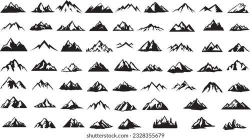 Juego de siluetas de montaña. Colección de iconos o logotipos de las montañas rocosas. Ilustración vectorial.