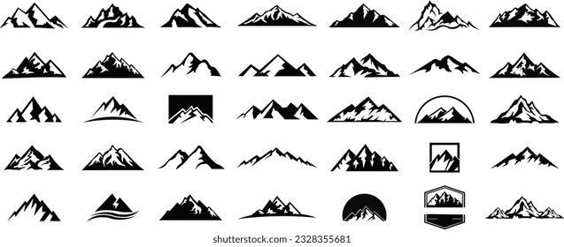 Juego de siluetas de montaña. Colección de iconos o logotipos de las montañas rocosas. Ilustración vectorial.