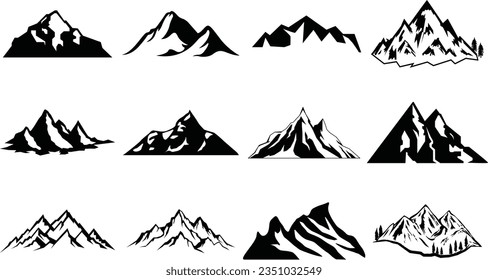 Juego de siluetas de montaña. Colección de iconos o logotipos de las montañas rocosas. Ilustración vectorial.