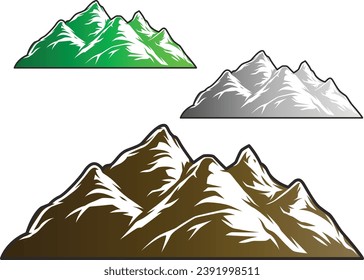 Mountain silhouette set. Rocky mountains icon or logo collection. Vector illustration. ountains set. Hand drawn rocky peaks. Vector illustration