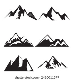 Juego de siluetas de montaña. Colección de iconos o logotipos de las montañas rocosas. Ilustración vectorial.