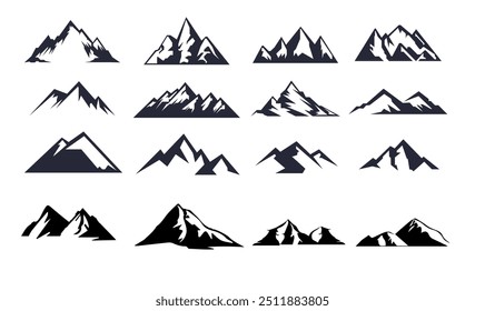 Conjunto de silhuetas de montanha. Coleção de ícones ou logotipos das montanhas rochosas. Ilustração vetorial.