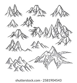 Mountain silhouette set. Rocky mountains icon or logo collection. Vector illustration.