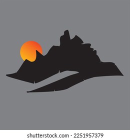 Mountain silhouette and su vector icon. Mountains ranges. Rocky peaks. Abstract mountain range landscape background. Black and white mountain icon isolated for icon, logo, tourism card, travel poster