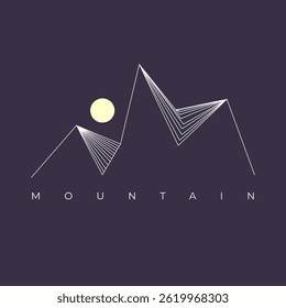 Silhueta de montanha com sol - logotipo vetorial. Picos rochosos. Cordilheiras. Logotipo da montanha preto e branco
